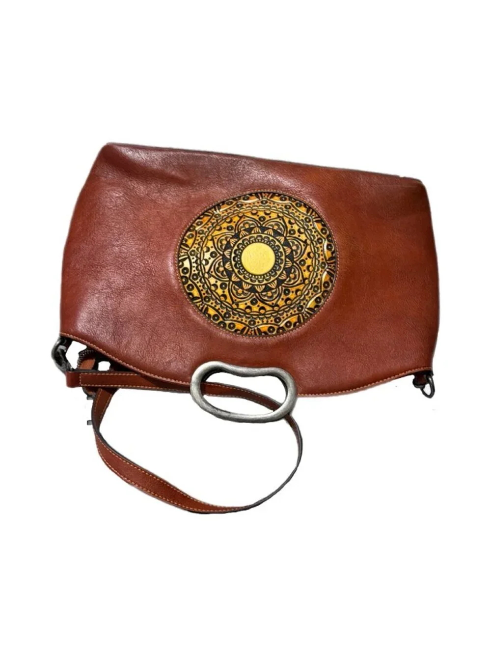 Genuine Leather Bag Brown Satchel Crossbody Tooled Western Folk Art Boho Rustic